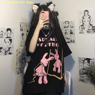 🥤คะนอง🥤เวอร์ชั่นเกาหลี Cartoon Rabbit Print Loose Short Sleeve Black Short Sleeve T-Shirt Women s Top