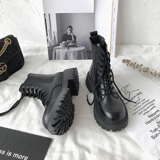 Martin boots#รองเท้าบูทหุ้มข้อ สไตล์เกาหลี หนัง PU รองเท้าบูทผู้หญิง รองเท้าผูกเชือก ก้นหนา กสูง4cm