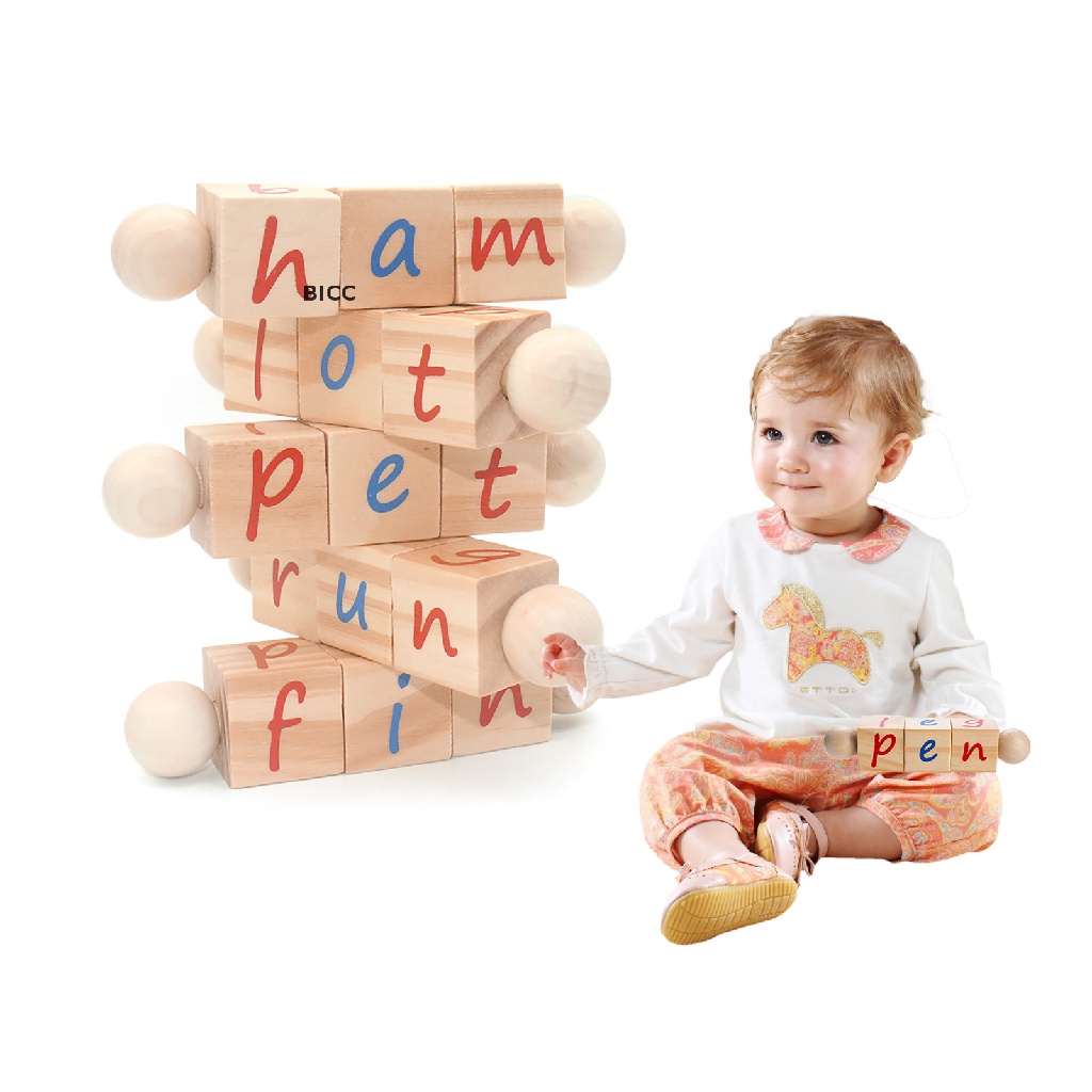 BI Children 2 3 4 years old wooden reading building blocks flash card short vowel CC Shopee