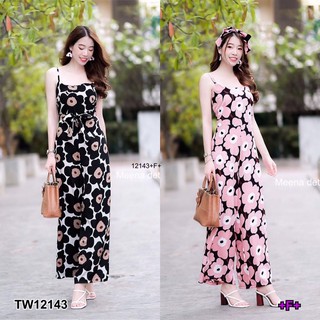 ❤️ TW12143 Jumpsuit จั้มสูทสายเดี่ยวขายาว ผ้าไหมอิตาลี่ พิมพ์ลายดอกไม้ มีซิปหลัง + สายผูก