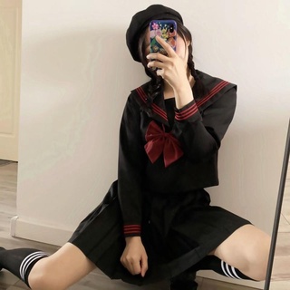 💓Hot salejk🔥 uniform orthodox basic Japanese black female sailor suit, แขนยาว/แขนสั้น   กระโปรงจีบ, ชุดกลาง Chisanben