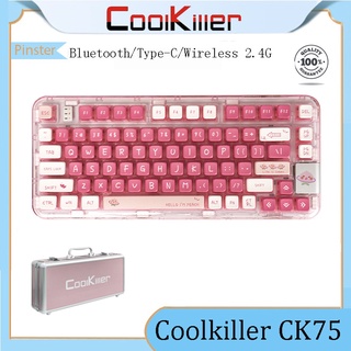 【Available in stock】CoolKiller Ck75 คีย์บอร์ดเล่นเกมไร้สาย บลูทูธ สามโหมด สีชมพูใส