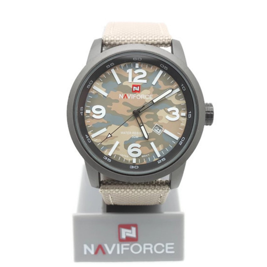 NaviForce นาฬิกาทหาร สายผ้า Nano สีเบจ หน้าปัดลายพลาง มีวันที่ - NF0004 (Beige)