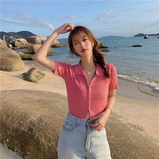 เสื้อครอป ซิปหน้า คอปกแขนสั้น สไตล์เกาหลี 🦋