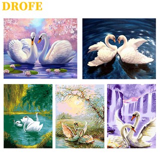 Drofe ภาพระบายสีตามตัวเลข ลายหงส์ขาว แบบไม่มีกรอบ สำหรับตกแต่งผนังบ้าน (ขนาด 40X50 ซม.)