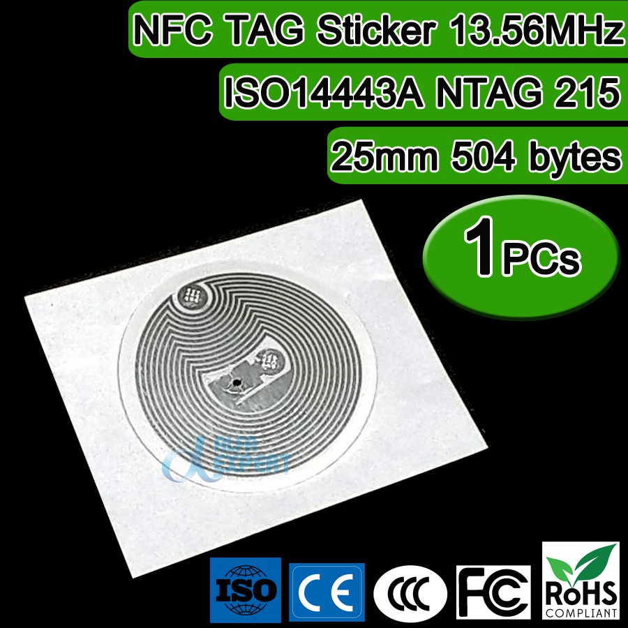 ฉลากสติกเกอร์ NFC ขนาด 25mm 1PCs/Lot NFC TAG Sticker 13.56MHz ISO14443A NTAG 215 NFC Sticker Lable RFID Tag (504 Bytes)