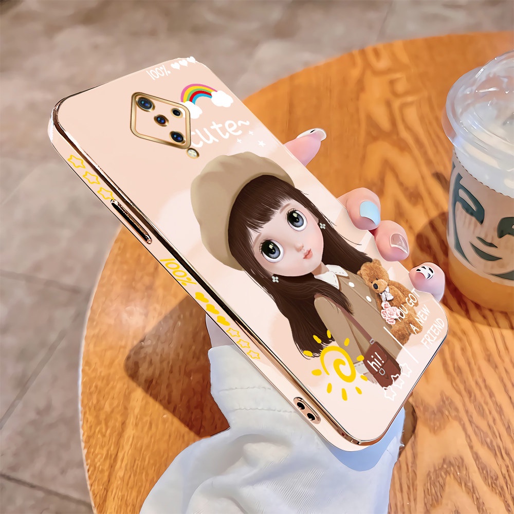 สําหรับ Vivo S1 Pro V15 V15 Pro V11i การ์ตูนน่ารัก สาวสวย สี่เหลี่ยม เคส หรูหรา ชุบ TPU เคสโทรศัพท์