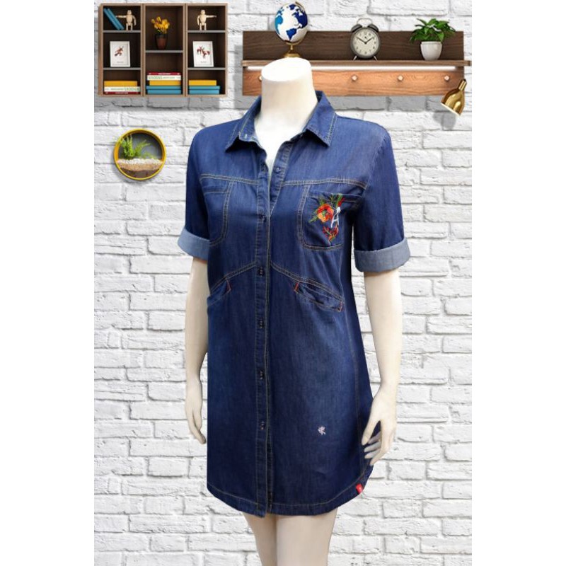 เสื้อยีนส์ ยีน เดรสยีน ยีนส์ นิ่ม ⭐⭐⭐⭐⭐ ใหญ่สุด รอบอก 50 นิ้ว ebc edc jeans Shirt Collar แขน 3 ส่วน 