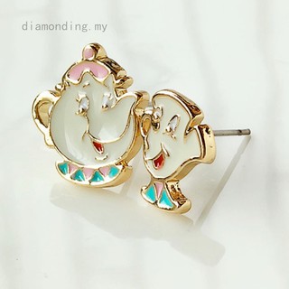 Latest Animated Beauty and The Beast Teapot Mrs. Cup Asymmetric Earrings Women E