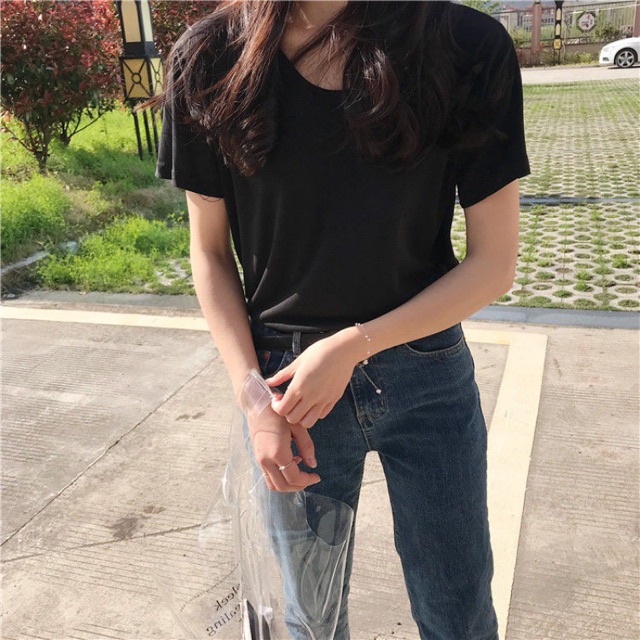 SALE !! พร้อมส่ง🌸เสื้อเรย่อนคอยู ทรงปล่อยยืดได้ตามตัว เสื้อสีพื้นผ้าเรย่อน