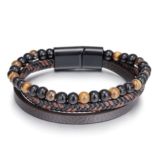 Vintage Fashion Mens Natural Tiger Eye Leather Bracelet  Volcanic Stone Beaded Bracelet Jewelry Accessories 21CM