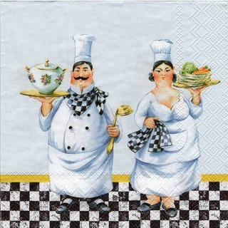 Pladao Napkin ภาพการ์ตูน Chef อ้วน พ่อครัว แม่ครัว พื้นฟ้า กระดาษ แนพกิ้น สำหรับงานศิลปะ เดคูพาจ decoupage ขนาด L 33x33