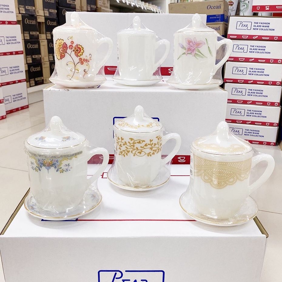 [1ใบ-ขอบทอง] ชุดถ้วยน้ำชาเนื้อมุก 14ออนซ์ มีฝาปิด พร้อมจานรองแก้ว PEARL Opal Glass Coffee Mug  ; รวม