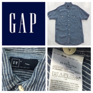 เสื้อเชิ้ตลินินแขนสั้นชาย GAP ลายทางลง มีกระเป๋าหน้าอก