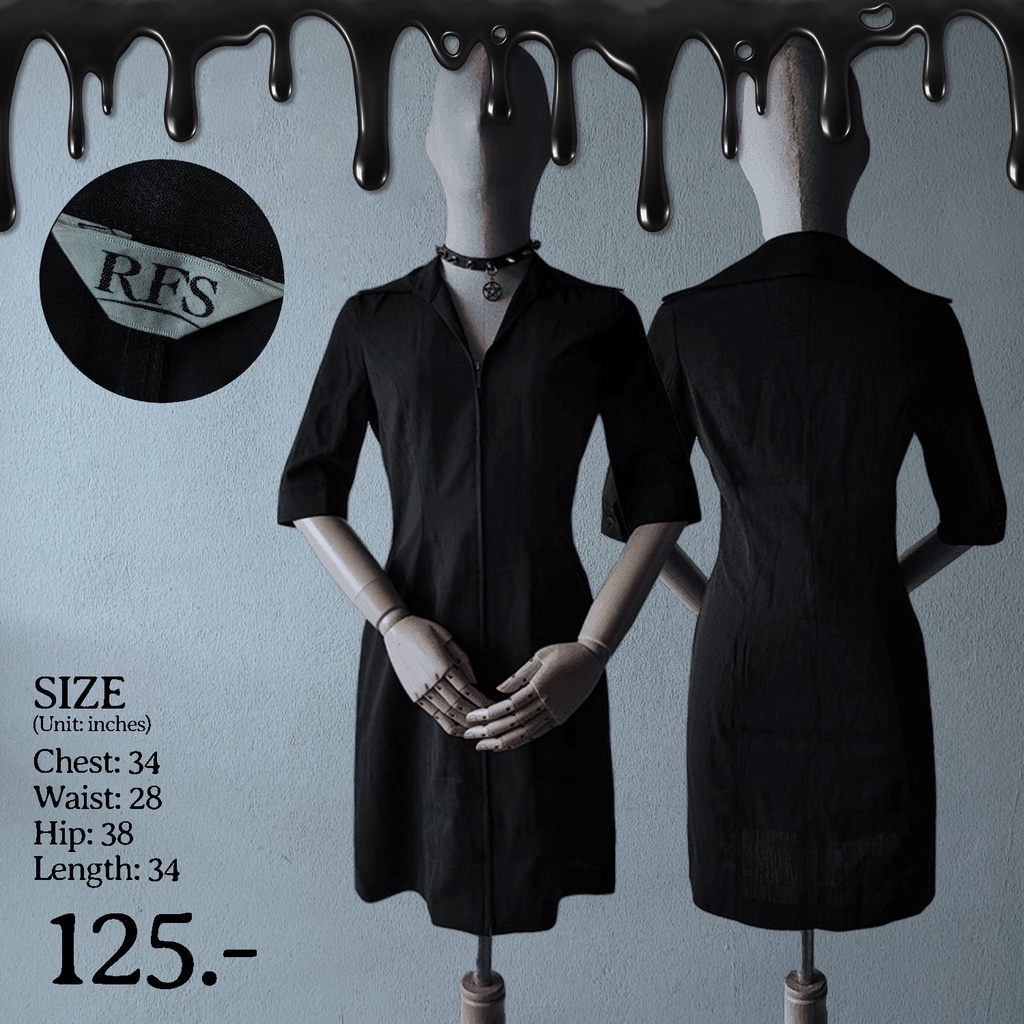 เดรสคอปกสีดำ ซิปยาวด้านหน้า แบรนด์ RFS | เสื้อผ้าสีดำสายดาร์ก (bigcatblackclothing) by BIG CAT 大きい猫