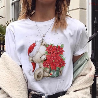 Maycaur New Women Christmas Printed T-shirts Lovely Bear T Shirt Harajuku Short Sleeve T-shirt White Suitable Al 471