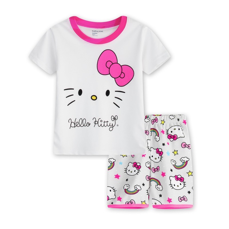 Hello Kitty Kids Baby Girls Pajamas Pajama Dress เสื้อยืด+Pant KT Set กางเกงขาสั้น