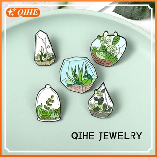 Potted Plant Enamel Pins Terrarium Cactus Aloe Brooches Bag Clothes Lapel Pin Green Plant Badge Jewelry Gift for Friend