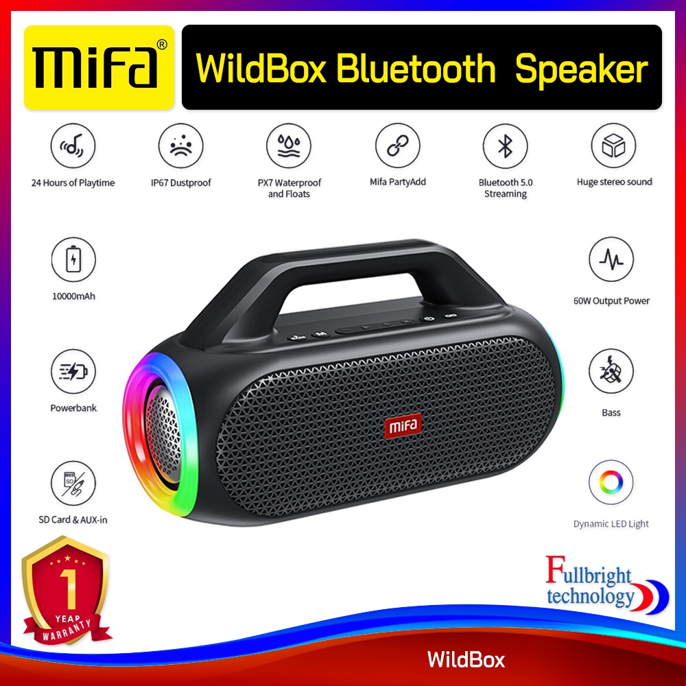 Mifa Wildbox Bluetooth Speaker ลำโพงบลูทูธพกพา แบตเตอรี่ในตัว กันน้ำได้ และมีเอฟเฟกต์ไฟ LED