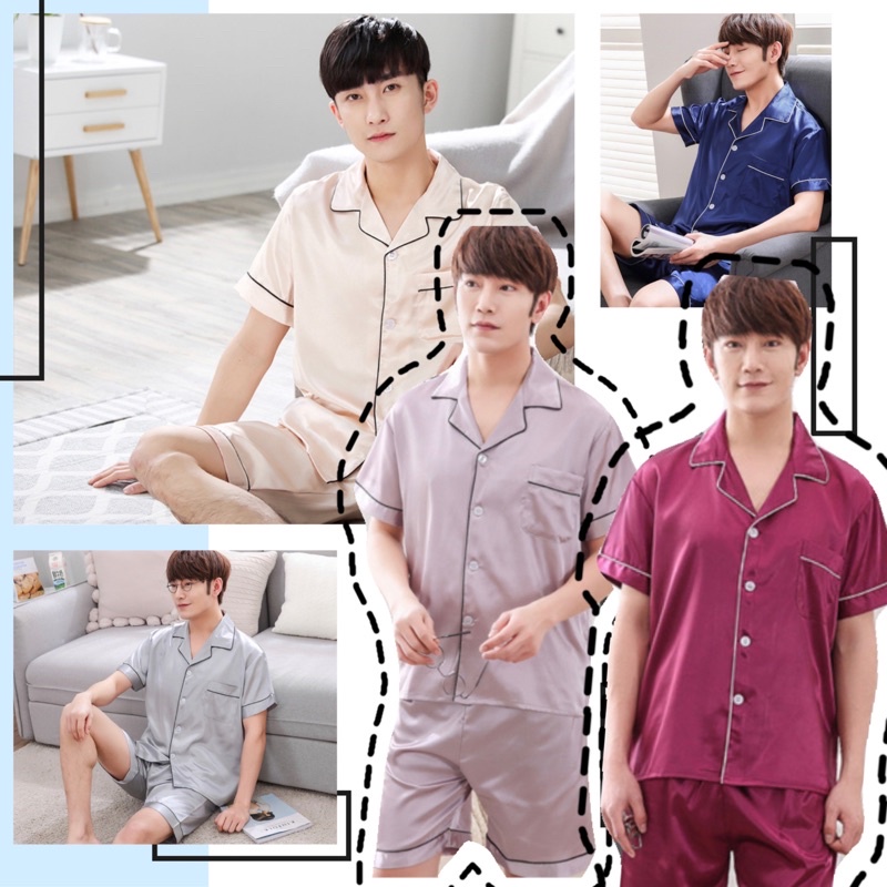 ชุดนอนผู้ชายผ้าซาตินเเขนสั้น ขาสั้นPremium แบบหนา M002
