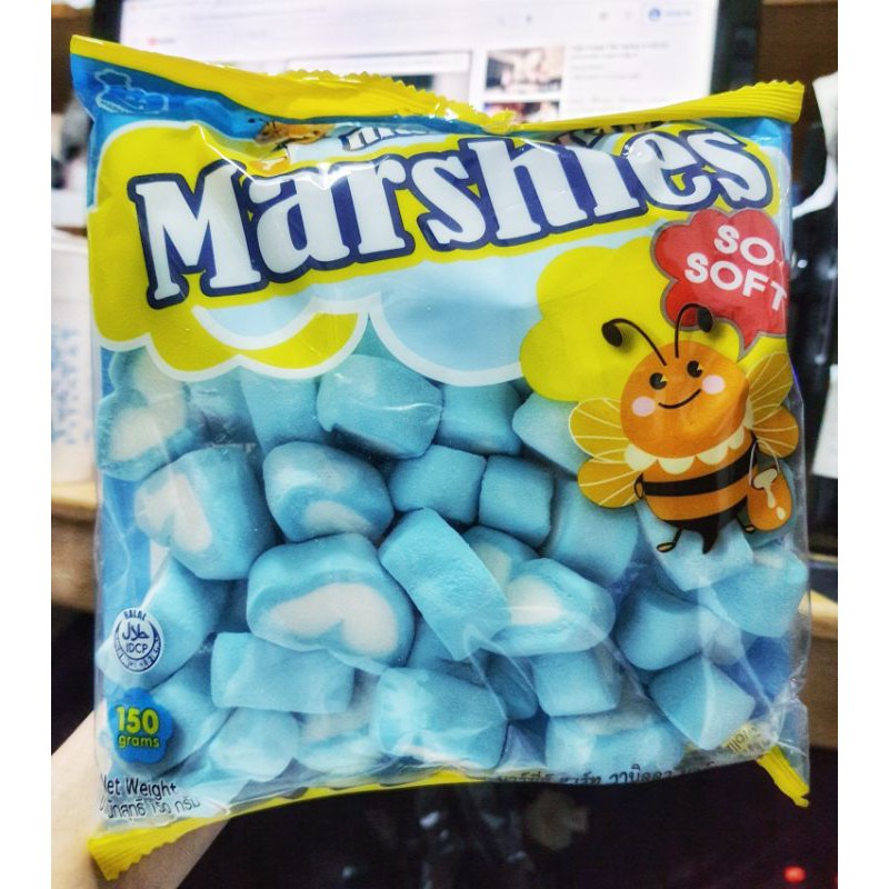 มาร์ชเมลโล่ รูปหัวใจสีฟ้า วนิลา Marshmellow Marshies 150g. ราคาถูก Shopee Lazada