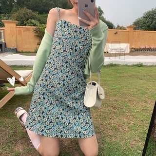 Fulllove มินิเดรสสายเดี่ยวสไตล์เกาหลี ลำลองสำหรับผู้หญิง สีสดลุคสาย​ฝ Daisy Floral Dress 925#