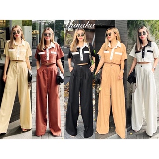 Yunaka ชุดเซ็ต 2 ชิ้น เสื้อเชิ้ตครอปแขนสั้น อก 40 Cropped Shirt Set กางเกงขายาว ทรงปล่อย เอว 34