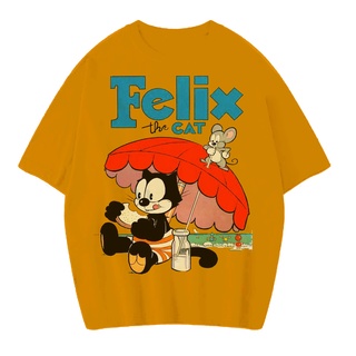 [100% Cotton] เสื้อยืดแขนสั้น พิมพ์ลายแมว FELIX THE CAT VINTAGE ขนาดใหญ่ สีเหลืองมัสตาร์ด