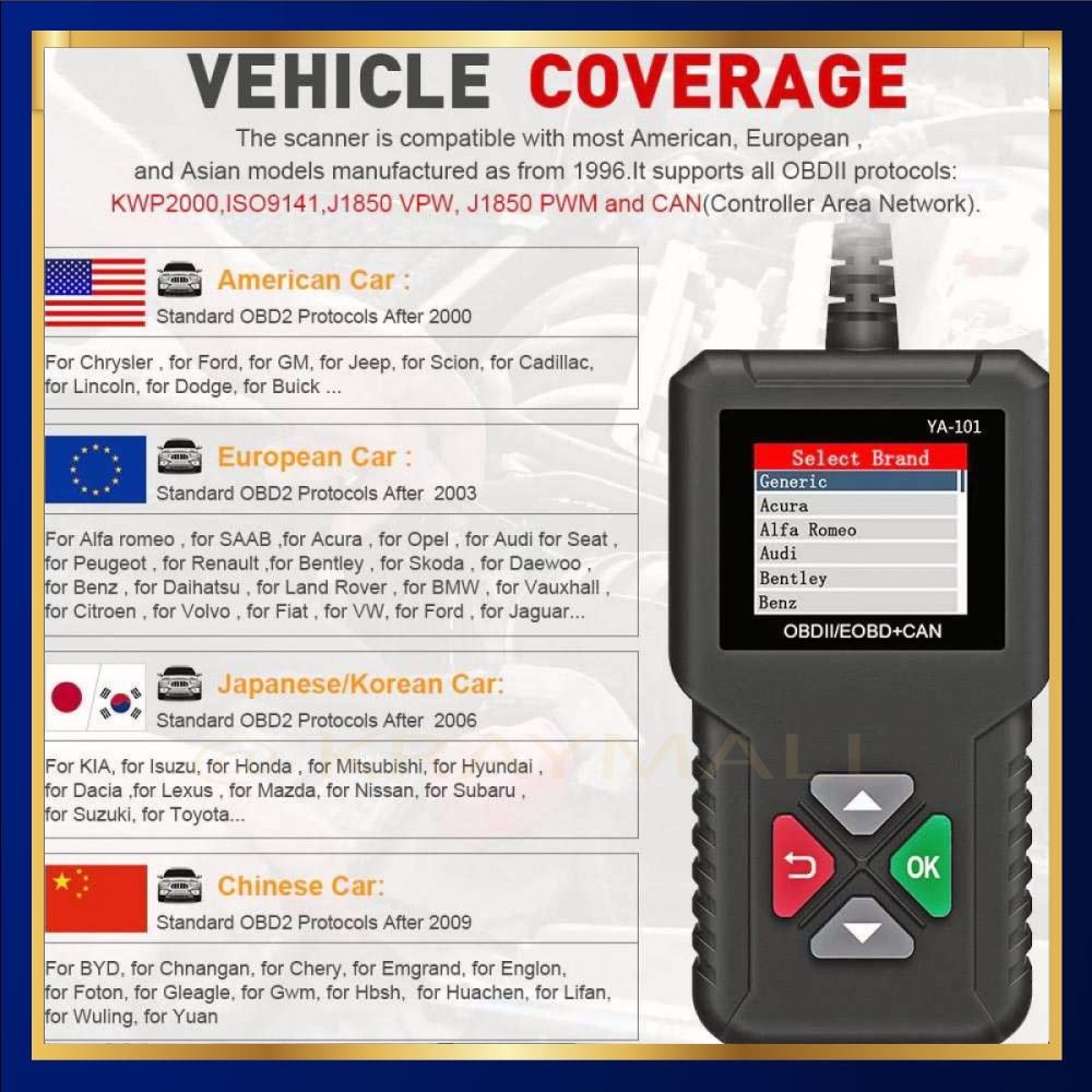 OBD2 เครื่องสแกนเครื่องยนต์รถยนต์ เครื่องอ่านรหัสวินิจฉัย -YA101
