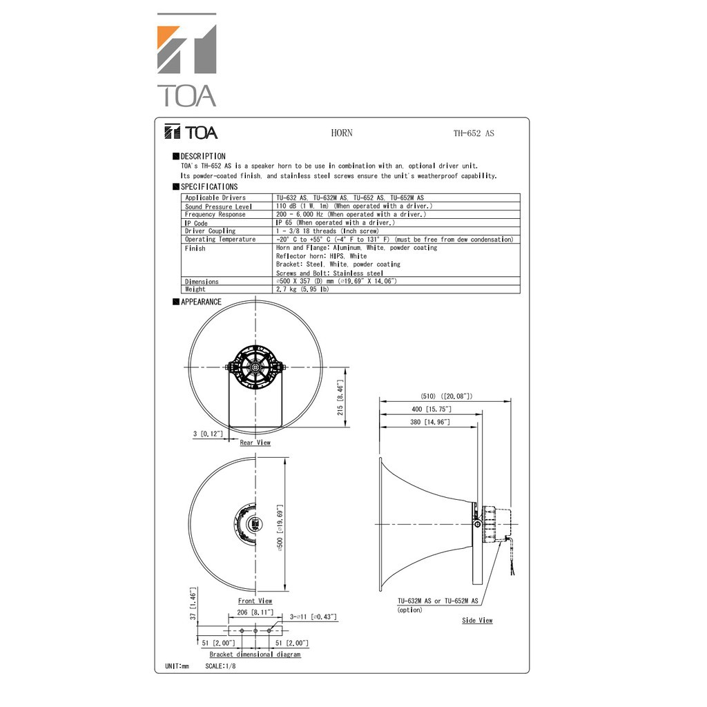 ปากฮอร์น TOA TH-652 AS ปาก 21 นิ้ว สำหรับหอกระจายข่าว ไม่มีก้น เฉพาะปาก ฮอร์น HORN