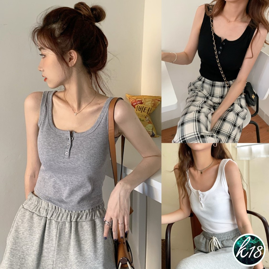 K18 Korean เสื้อกล้ามสีพื้น 3 สี อกแต่งกระดุม 3 เม็ด ผ้าร่องแฟชั่น