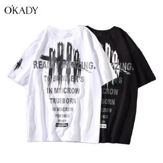 OKADY 2022 เสื้อยืดผู้ชายใหม่เกาหลีรุ่นแนวโน้มรูปแบบการพิมพ์รอบคอแขนสั้นแฟชั่นแขนสั้นบาง Top