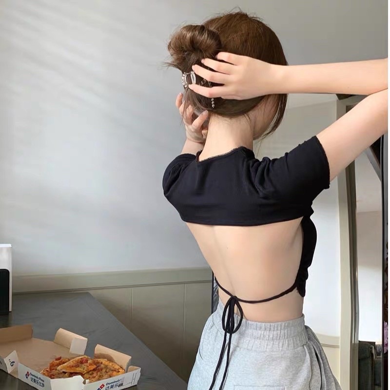 MNV STUDIO D3 พร้อมส่ง เสื้อครอปแขนสั้นรูดข้างเว้าหลัง เสื้อยืดแฟชั่นสั้นเซ็กซี่เบาๆ เปิดหลังเปิดใจอะไรยังไง มันดีอ่ะ