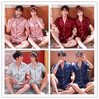 2 Piece Set ชุดนอน ซาติน เสื้อ+กางเกง Couple Sleepwear Ice Silk Nightwear