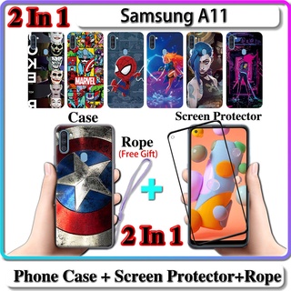 2 IN 1 เคส Samsung A11 เคส พร้อมกระจกนิรภัยโค้ง ป้องกันหน้าจอเซรามิค LOL และฮีโร่