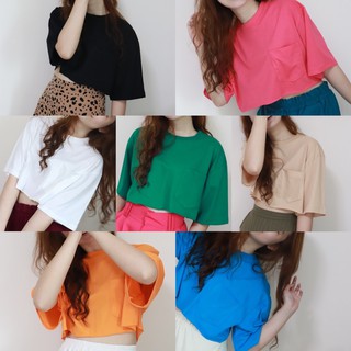 Everydayy.bff | พร้อมส่ง 🌈 Over crop top 🌈 พร้อมส่ง เสื้อยืดครอปoversize แต่งกระเป๋า ตัดชาย 7 สีสดใส