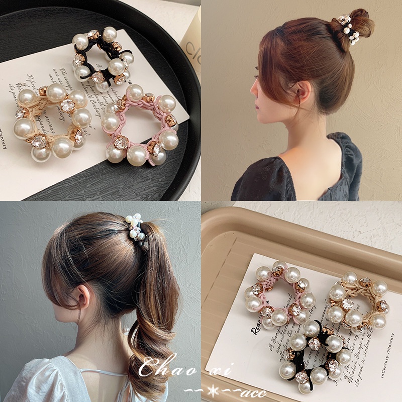 เกาหลีมุก Rhinestone เชือกผมมุกใหญ ่ ยางรัดผมสาวเพชรมุกถักผมผูก