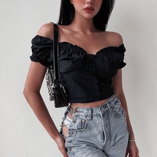 🌼 LYLA Crop Top🌼 ครอปเปิดไหล่ กระดุม เอวลอย สไตล์ฝรั่ง_Gioia.991