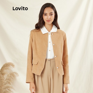 Lovito เสื้อแจ็กเก็ตแขนยาว สีพื้น คอกลม กระดุมโลหะ สไตล์ลำลอง L31AD009 (สีกากี)