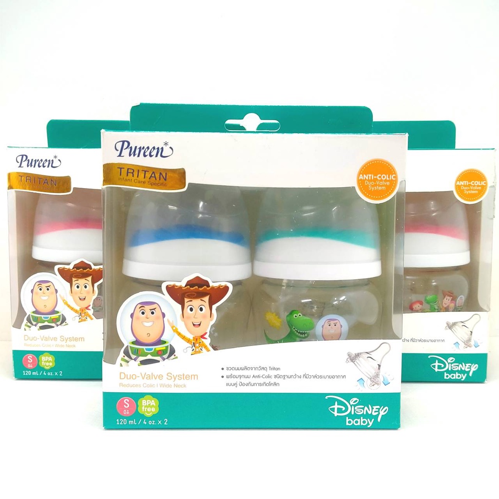 Pureen Toy Story ขวดนมไตรตันคอกว้าง พร้อมจุกวาวล์คู่ ลายทอยสตอรี่ 4 oz. คละสี (แพ็ค 2 ขวด)