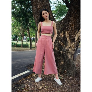 Pink Cotton Linen Wide Crop Pants กางเกงขากว้างคอตตอนลินิน สีชมพู