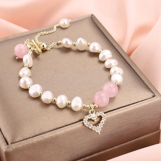 สร้อยข้อมือมุกบาร็อค (Baroque Pearl) และ หินโรสควอตซ์สีชมพูกุหลาบ (Rose Quartz)