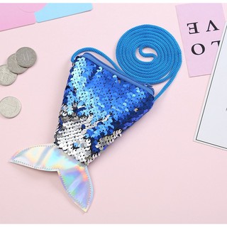 BA004 กระเป๋าสะพายเด็ก ทรงหางปลา ปักเลื่อม ลูบเปลี่ยนสีได้ *ฟ้า* (16x10ซม)