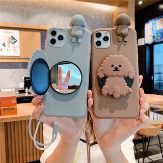 เคส Redmi Note 11 11S 10 10S 9 9S 8 7 Pro Redmi 10 10A 9 9A 9T 9C 8 Xiaomi MI POCO X3 NFC Note11 Note10 4G 5G Note9 Note8 Note7 Redmi10 Redmi9 2020 2021 2022 Teddy Dog Mirror Stand Strap Soft Case