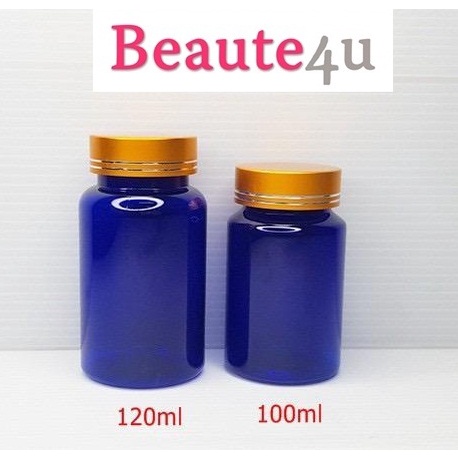 Beaute4u100ml 120ml Blue PET Medicine Bottles Metal Double Line Gold/Silver Cap,Capsules Bottles.