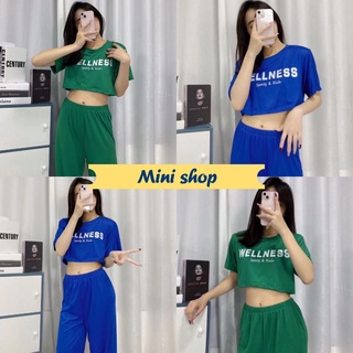 Mini​ shop🌸พร้อมส่ง🌸 (DX-9512)ชุดเซ็ท เสื้อครอปแขนสั้นคอกลม+กางเกงขายาวสีพื้นลายเสื้อเก๋ 08