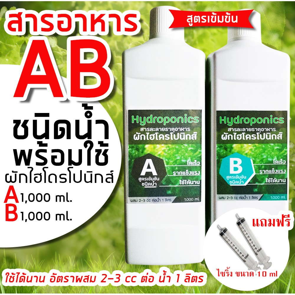 ปุ๋ย AB สำหรับปลูกผักไฮโดรโปนิกส์ (สูตรเข้มข้น ชนิดน้ำพร้อมใช้) ขนาด 2 ลิตร (A 1 ลิตร) (B 1ลิตร)