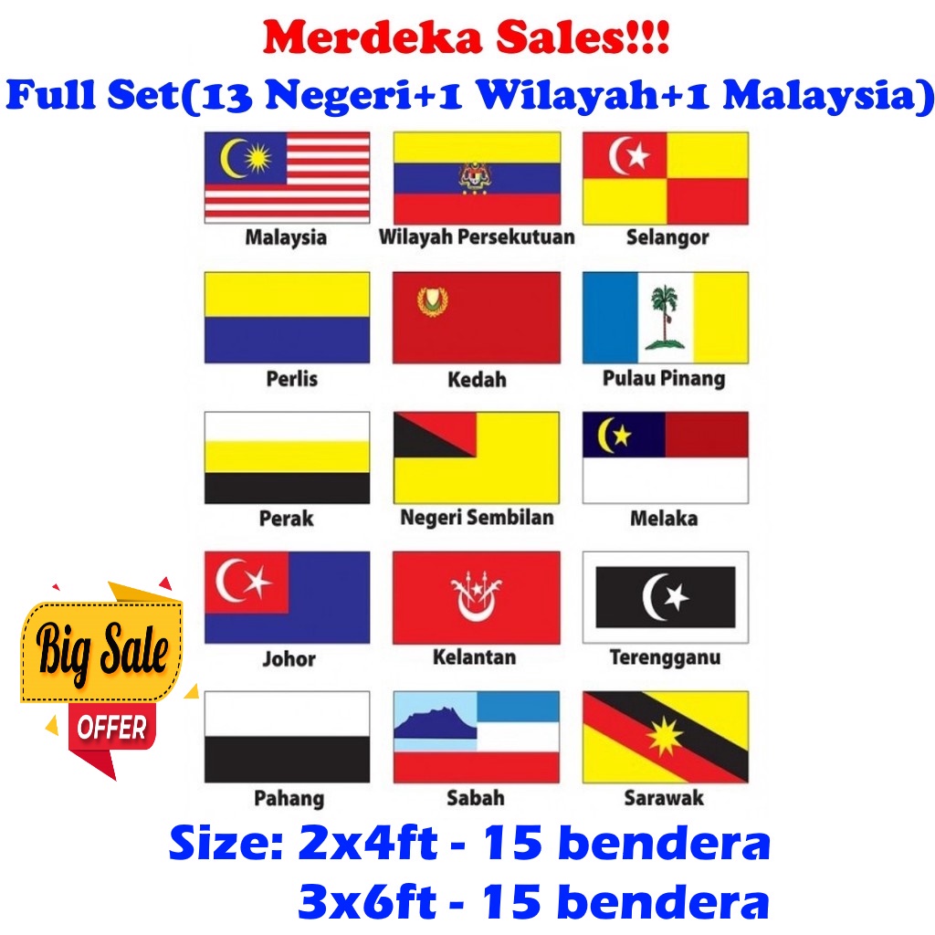Joymall Full SetBendera Semua Bendera Negeri States Flags (ชุด 15 ชิ้น) 3ft X 6ft 2x4 ฟุต
