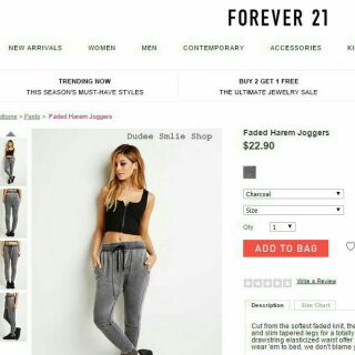 FOREVER 21 : Faded Harem Joggers 
กางเกงทรงฮาเรม ผ้านิ่ม แต่งเชือกผูกเอว แบบสปอรต์ๆ ฮิตดาราเซเลป