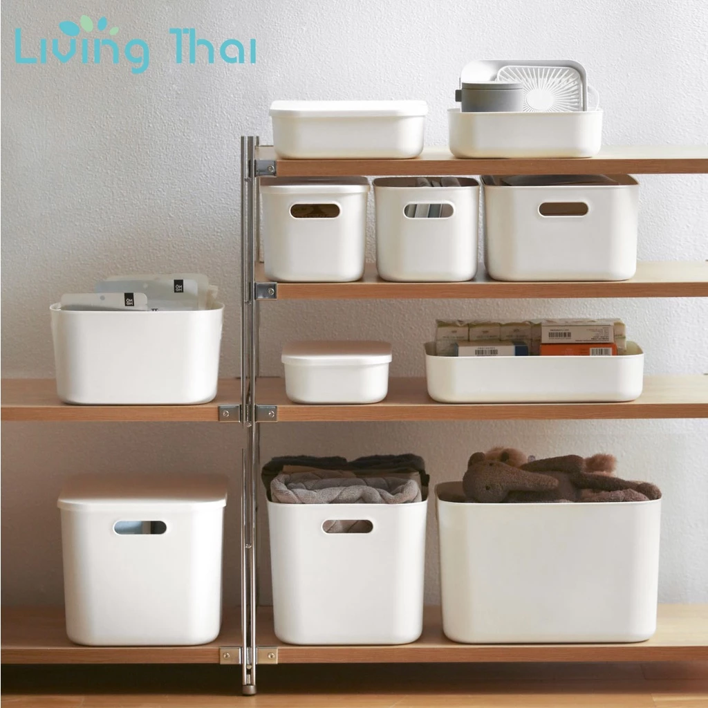 Living Thai กล่องเก็บของ สไตล์ญี่ปุ่น พร้อมฝาปิด กล่องพลาสติก ประหยัดพื้นที่ แข็งแรง สีขาว พรีเมี่ยม